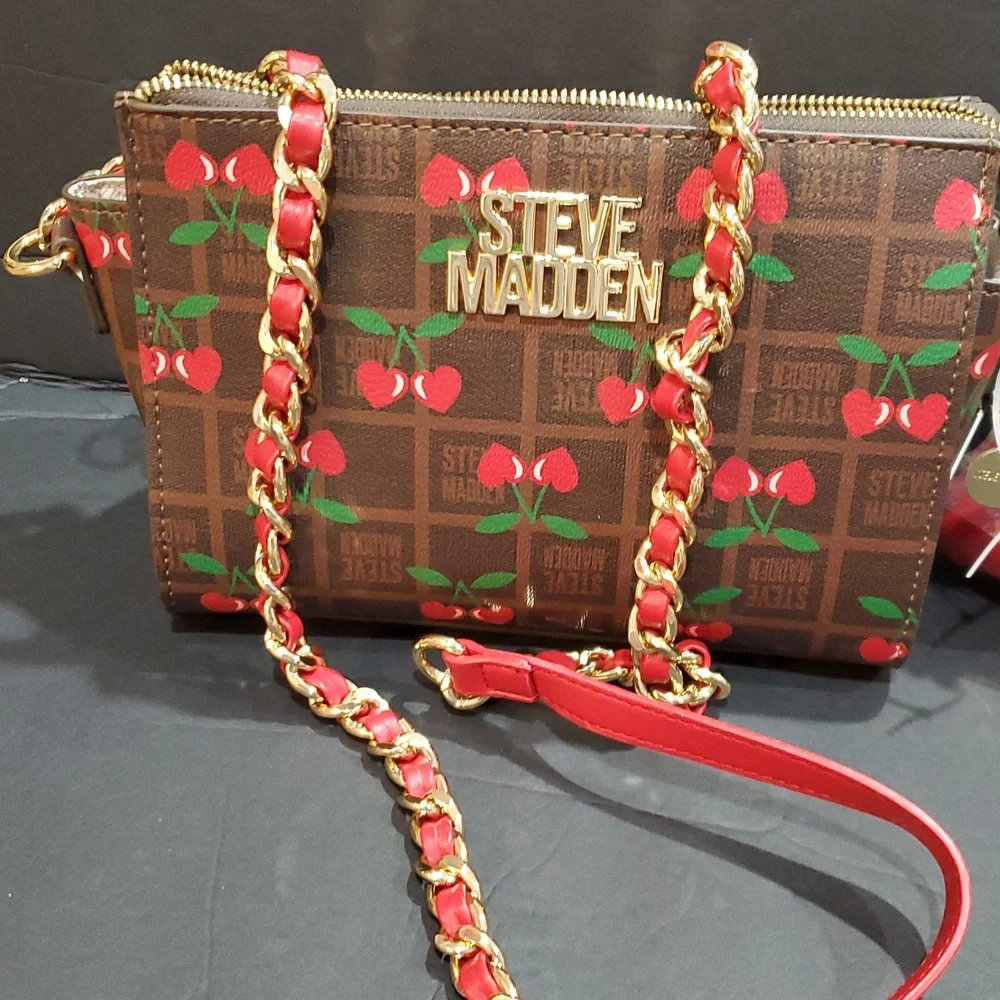 Steve Madden brown plaid checkered cherry print bryder crossbody bag and charm - Picture 6 of 13